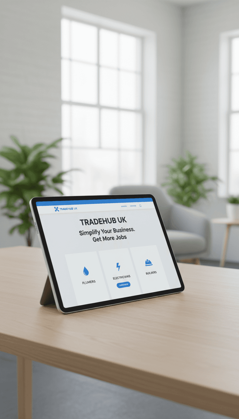Tablet displaying a professional one-page website for UK tradespeople in a well-lit office