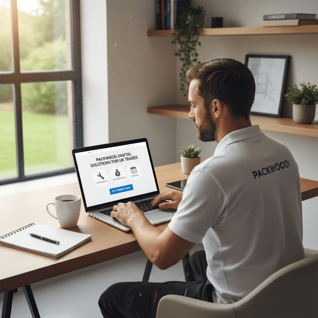 Tradesperson using a laptop to view a professional website in a bright office